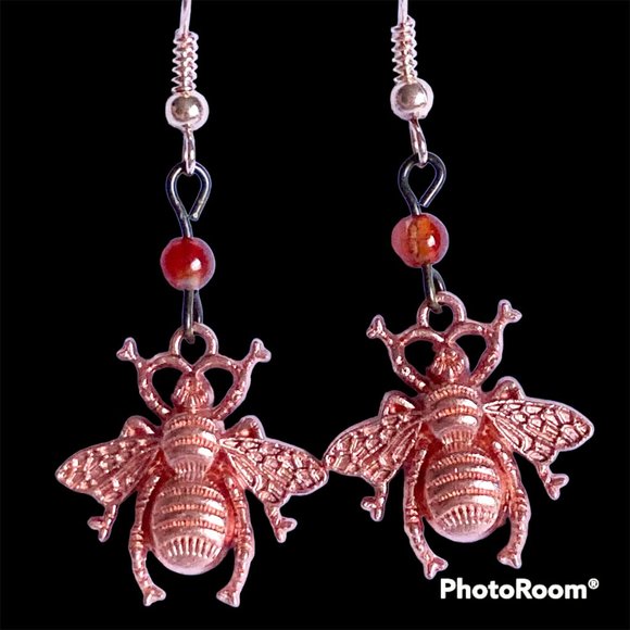 Carnelian Bead Bumble Bee Earrings Rose Gold Plated Dangle Queen Bea Orange - Picture 5 of 12